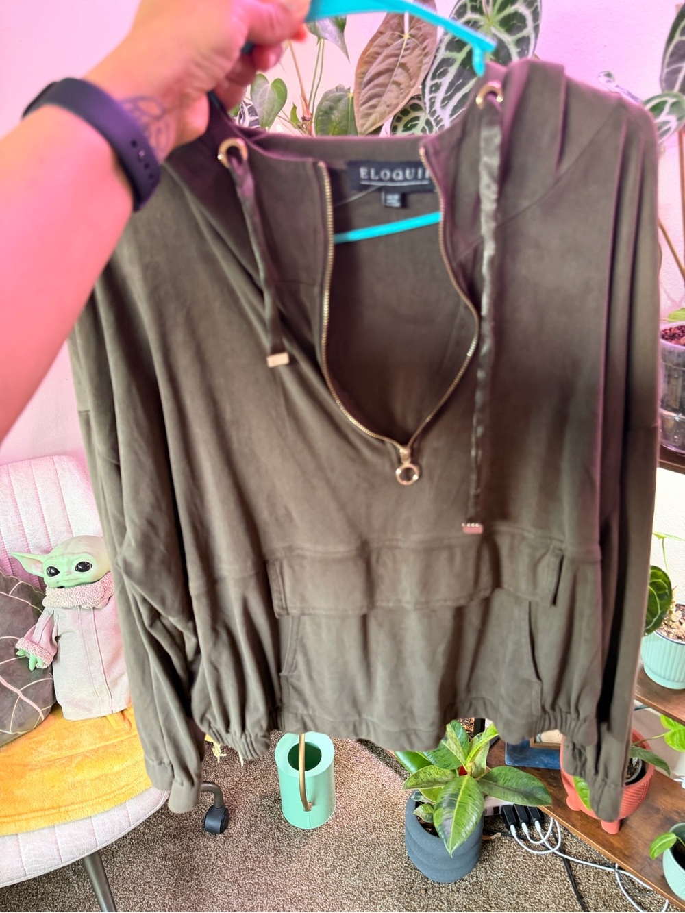 Eloquii Olive Green Half-Zip Hooded Pullover